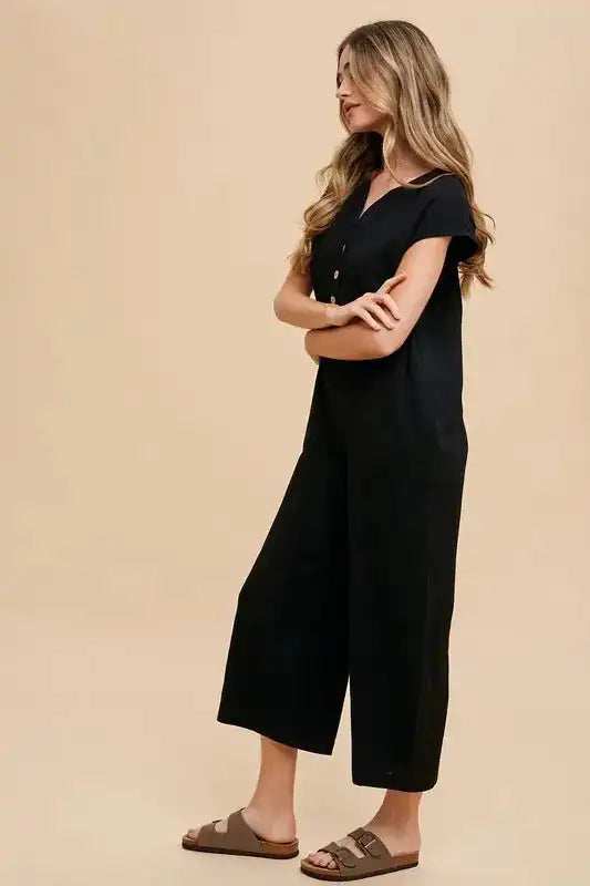 Annie Wear Button Detail Wide Leg Jumpsuit with Pockets - Trendsi - Flyclothing LLC