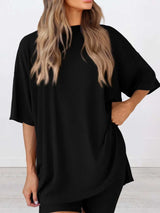Full Size Oversized Slit Round Neck Top and Shorts Lounge Set Plus Size - Trendsi - Flyclothing LLC