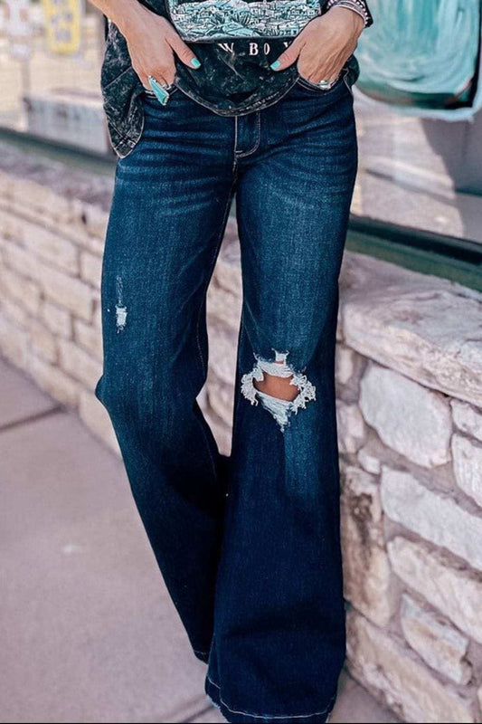 Distressed Wide Leg Jeans with Pockets - Trendsi - Flyclothing LLC