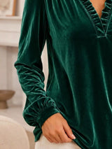 V-Neck Ruffle Trim Velvet Blouse - Trendsi - Flyclothing LLC