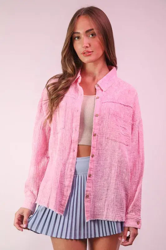 VERY J Mineral Washed Gauze Shirt Top - Trendsi - Flyclothing LLC
