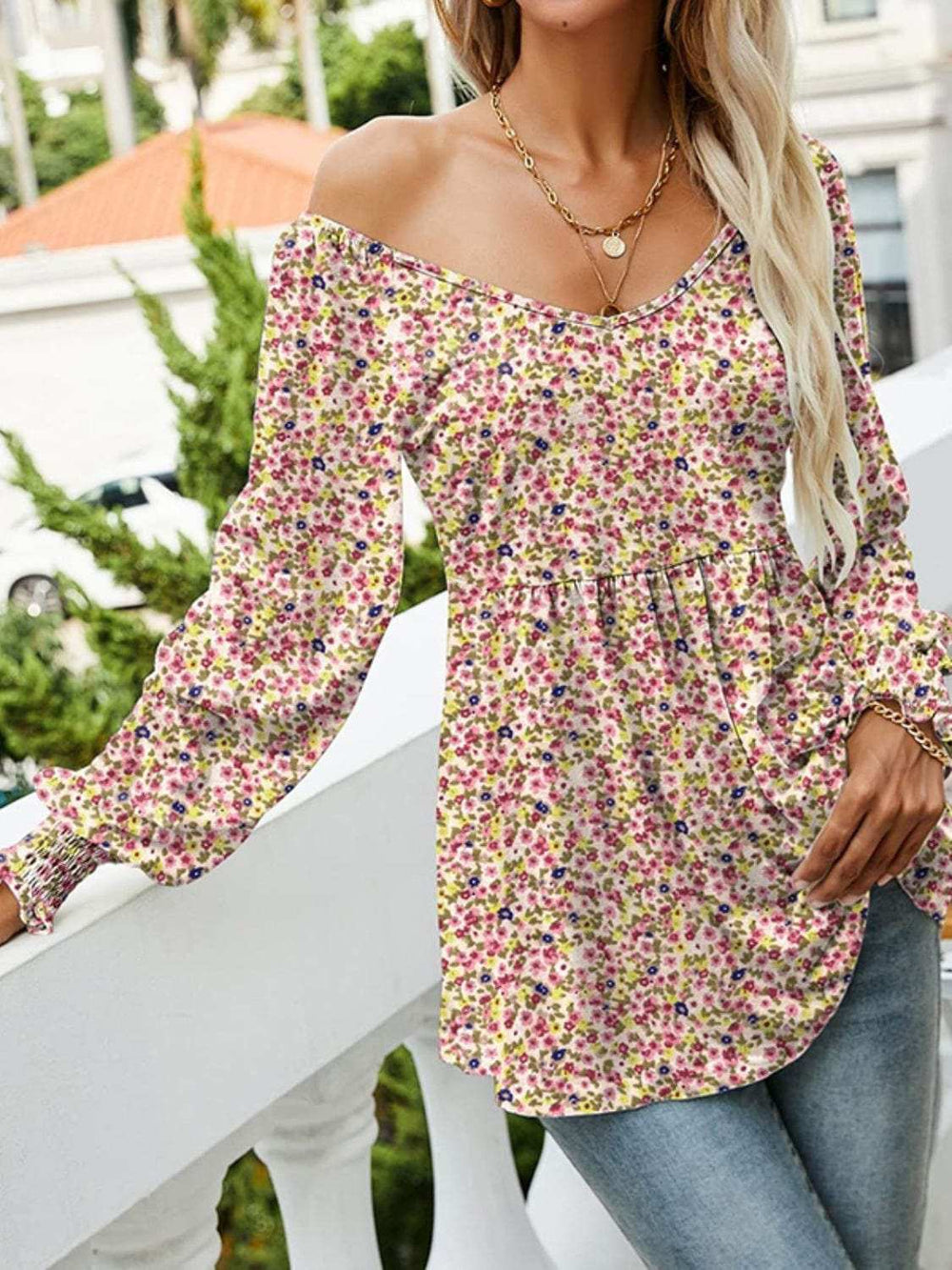 Printed Scoop Neck Long Sleeve Blouse - Trendsi - Flyclothing LLC