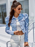 Button Down Raw Hem Cropped Denim Jacket - Trendsi