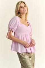 Davi & Dani Solid Elastic Peplum Puffed Sleeves Blouse - Trendsi - Flyclothing LLC