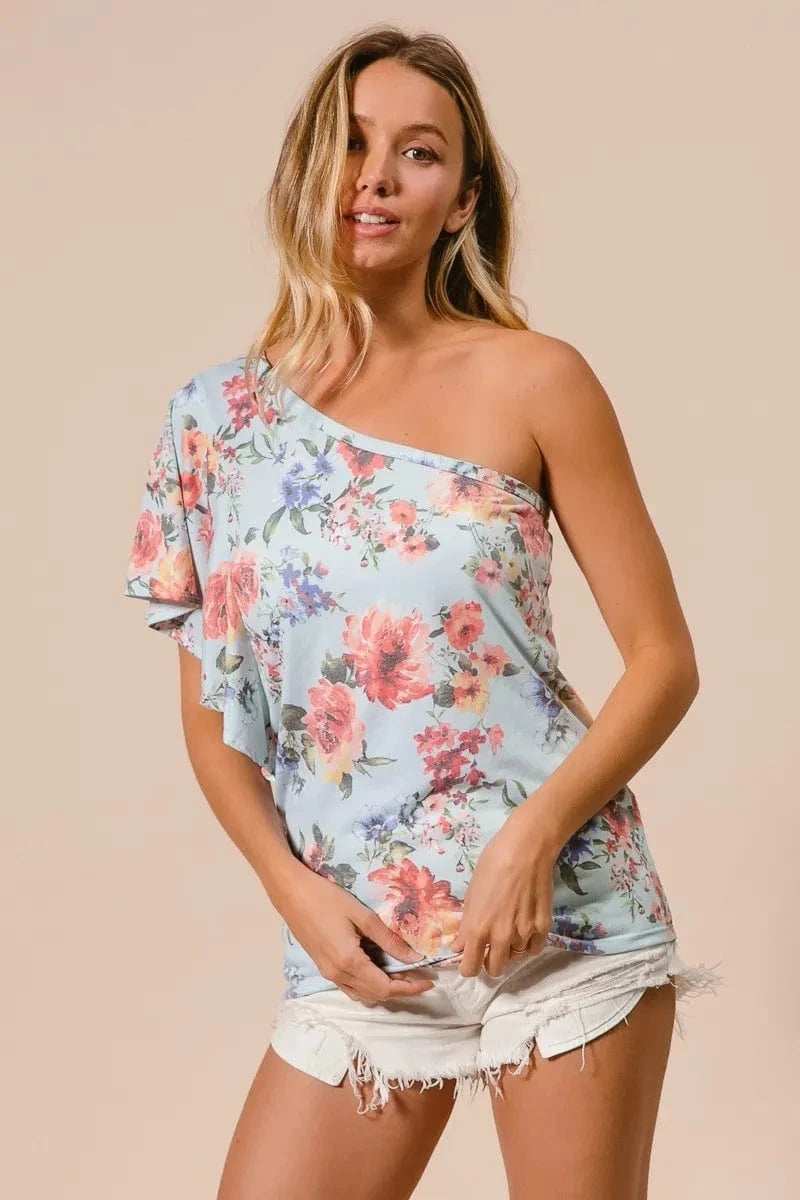 BiBi Floral Printed Jersey Knit Ruffle Sleeve Top - Trendsi - Flyclothing LLC