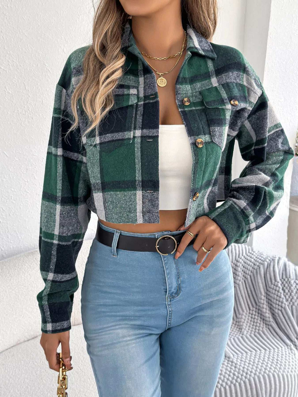 Plaid Button Up Cropped Jacket - Trendsi - Flyclothing LLC