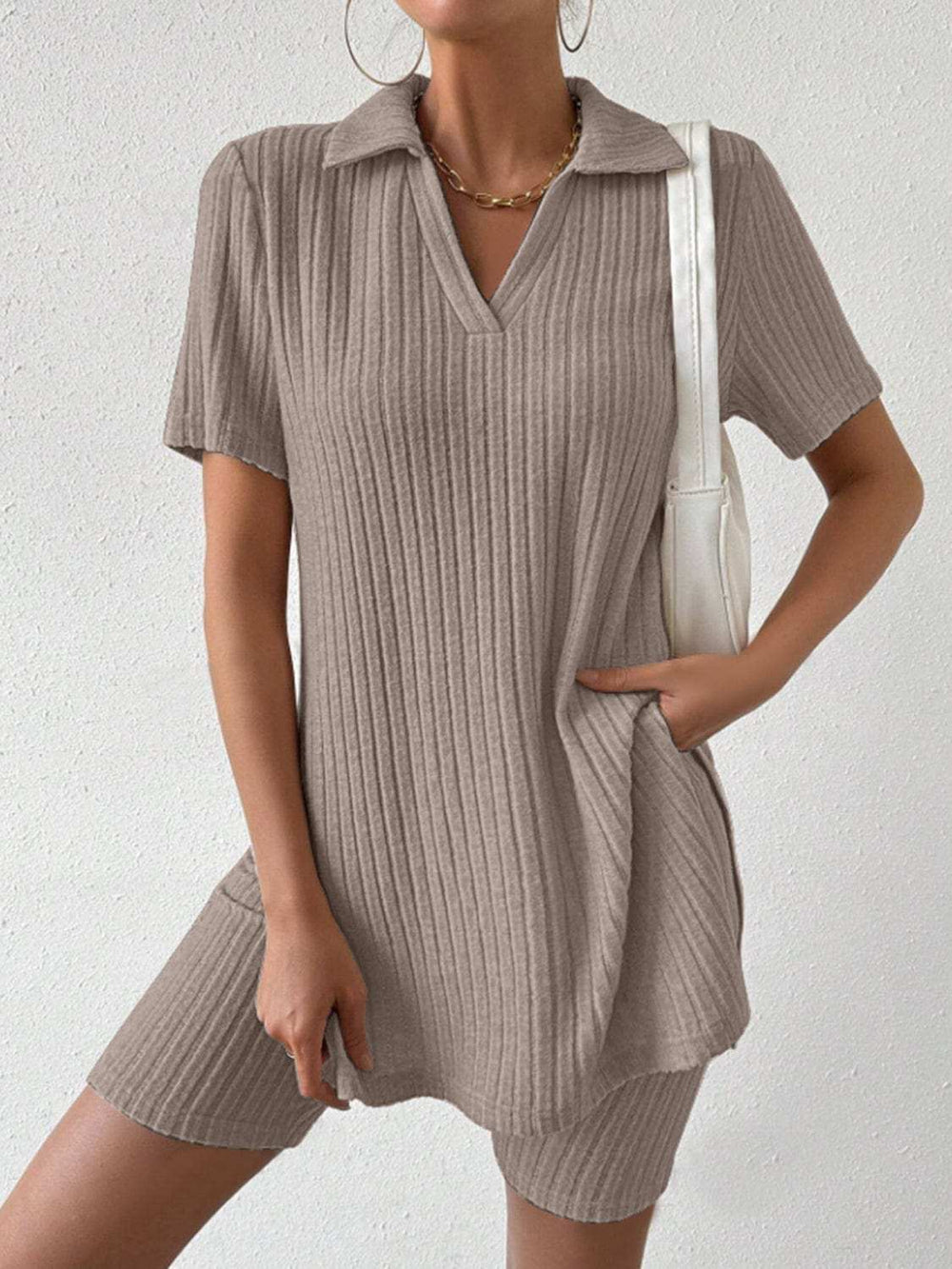 Johnny Collar Short Sleeve Top and Shorts Set - Trendsi - Flyclothing LLC