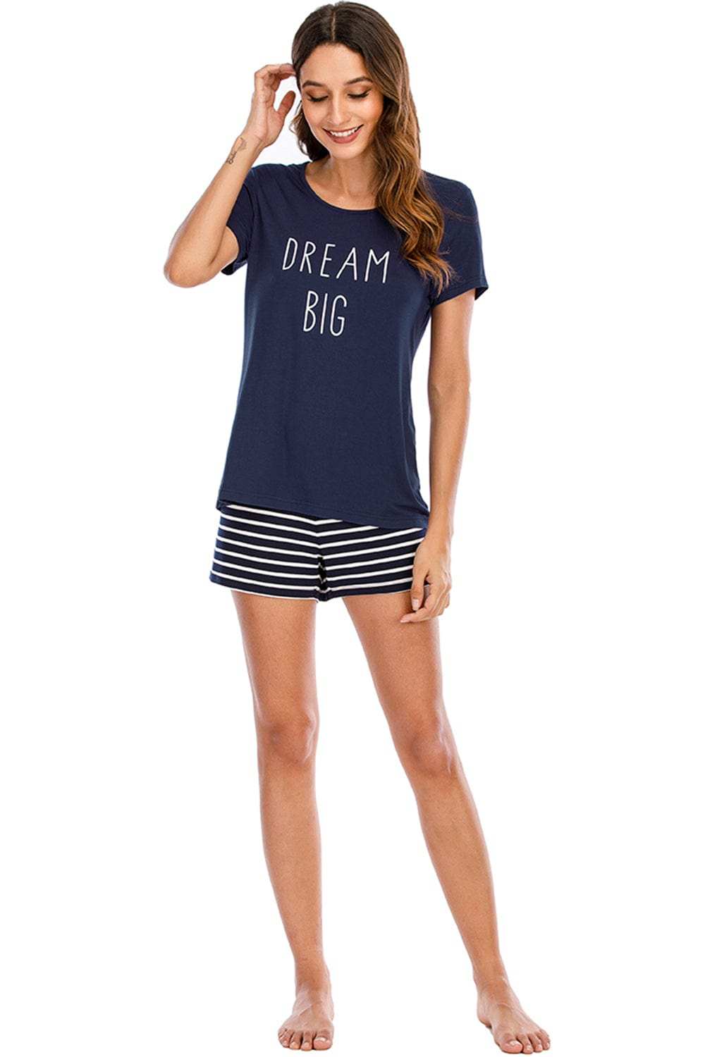 Graphic Round Neck Top and Striped Shorts Lounge Set - Trendsi - Flyclothing LLC