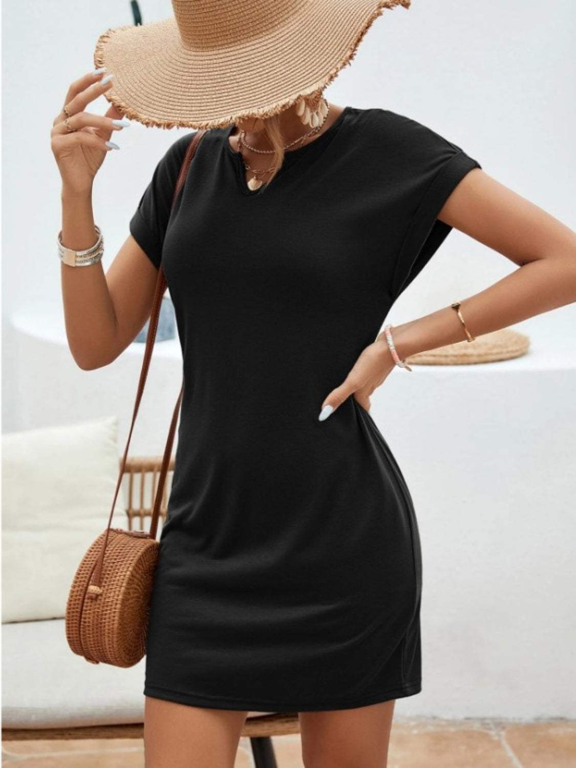 Notched Short Sleeve Mini Tee Dress - Trendsi - Flyclothing LLC