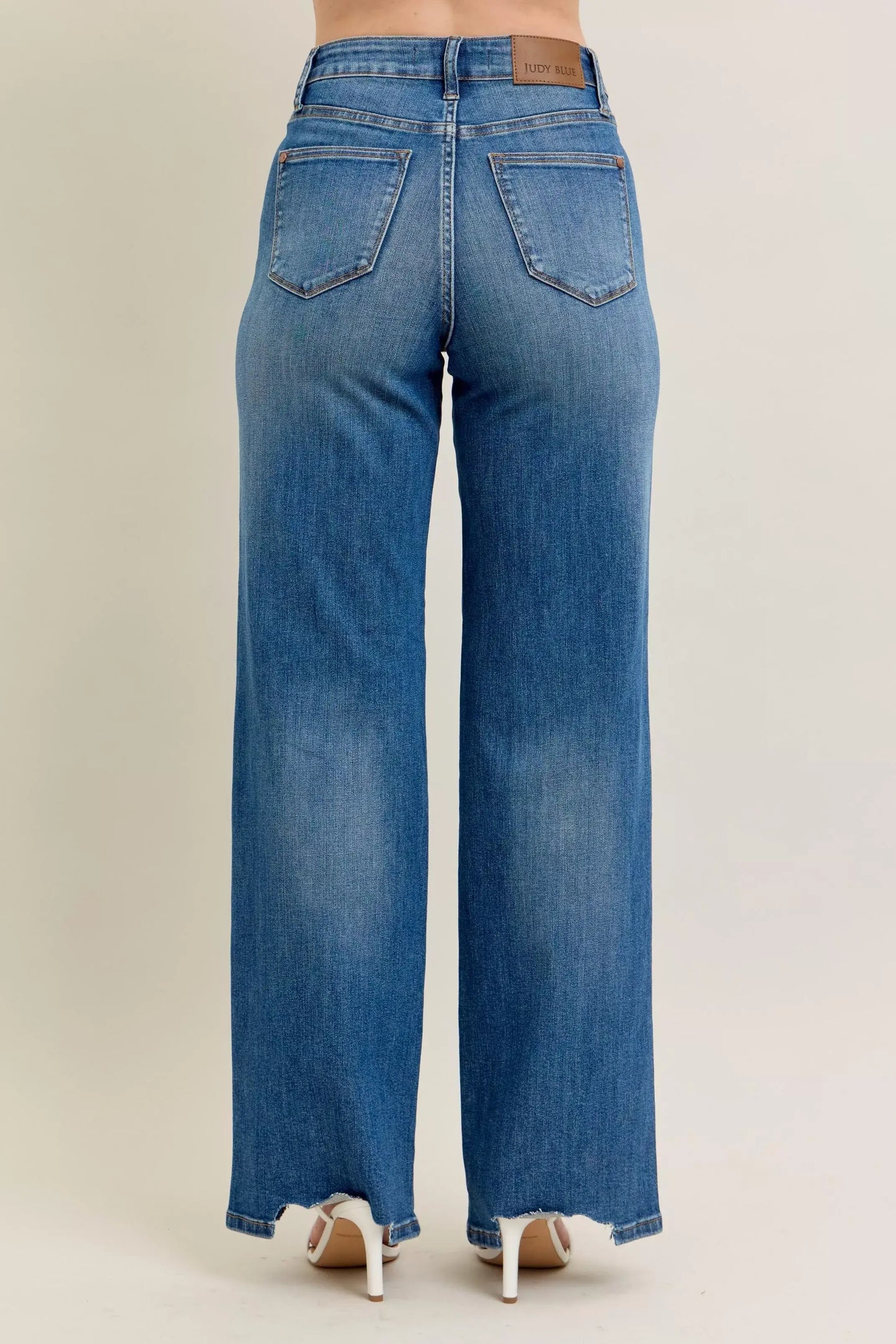 Judy Blue Full Size High Waist Tummy Control Chew Hem Destroy Wide Jeans Plus Size - Trendsi - Flyclothing LLC