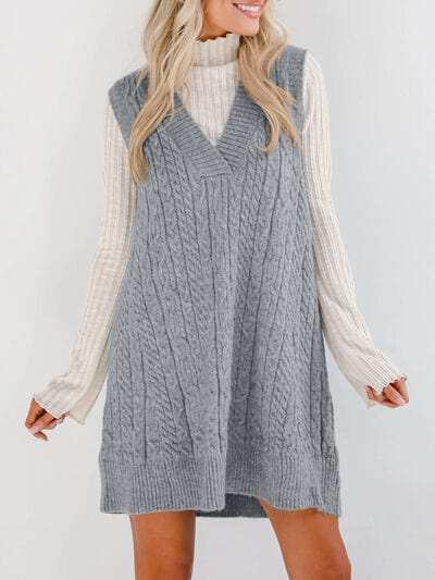 Lovelet Cable Knit V-Neck Mini Sweater Overall Dress - Trendsi - Flyclothing LLC
