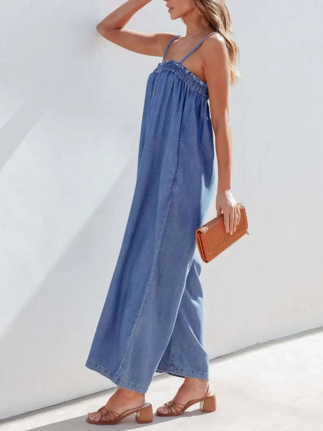 Spaghetti Strap Wide Leg Denim Jumpsuit - Trendsi - Flyclothing LLC