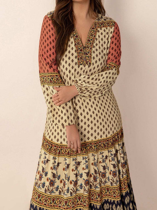 Printed V-Neck Balloon Sleeve Maxi Dress - Trendsi - Flyclothing LLC