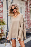 Slit V-Neck Dropped Shoulder Sweater - Trendsi - Flyclothing LLC