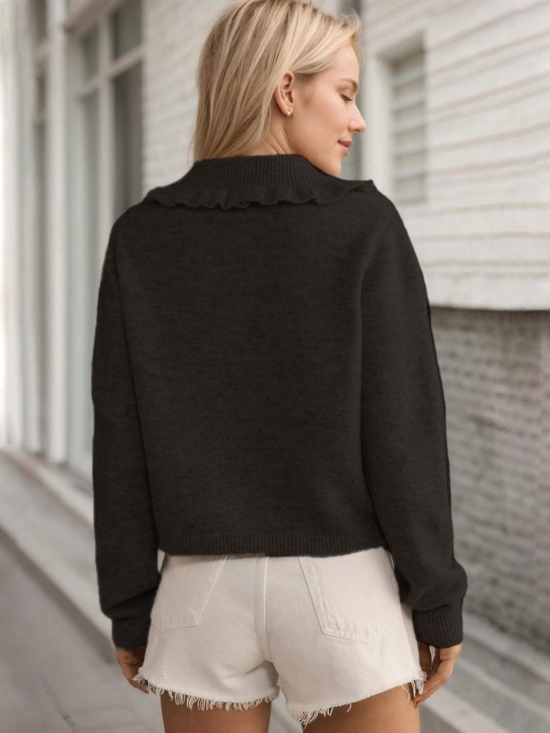 Frill Button Up Collared Neck Long Sleeve Cardigan - Trendsi - Flyclothing LLC