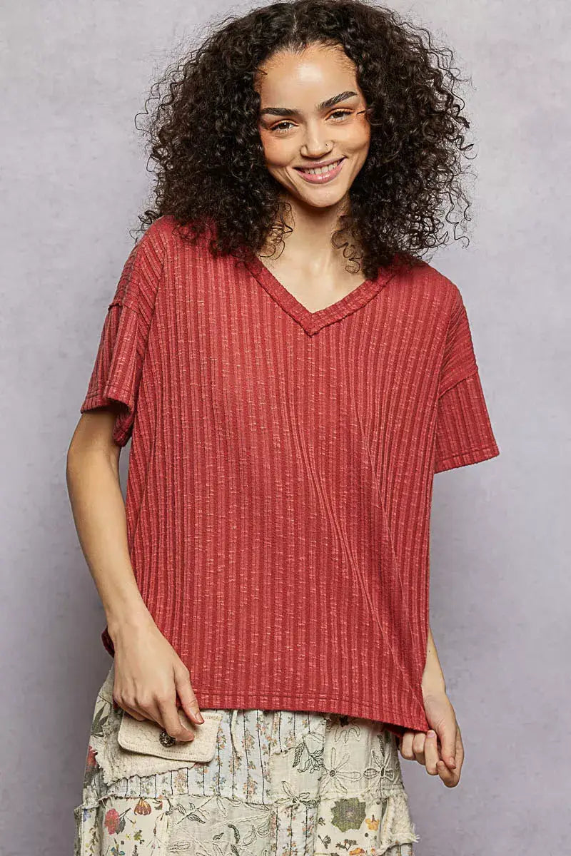 POL Ribbed Knit V-Neck Short Sleeve T-Shirt with Side Slit - Trendsi - Flyclothing LLC