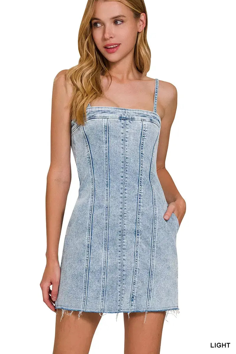 Zenana Spaghetti Strap Exposed Seam Light-Wash Dress - Trendsi - Flyclothing LLC