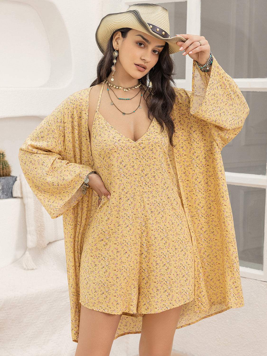 Printed Halter Neck Romper and Cover Up Set - Trendsi - Flyclothing LLC