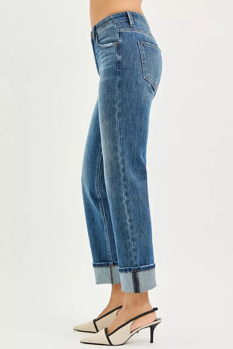RISEN Full Size 4 Way Stretch Slouchy Straight Jeans with Cuffed Hem Plus Size - Trendsi - Flyclothing LLC