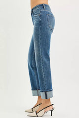 RISEN Full Size 4 Way Stretch Slouchy Straight Jeans with Cuffed Hem Plus Size - Trendsi - Flyclothing LLC