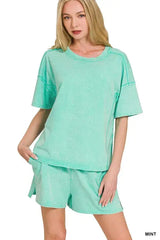 Zenana Acid Washed Short Sleeve Tee & Shorts Set - Trendsi - Flyclothing LLC