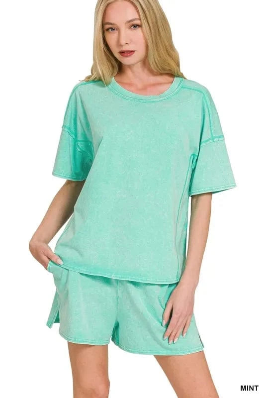Zenana Acid Washed Short Sleeve Tee & Shorts Set - Trendsi