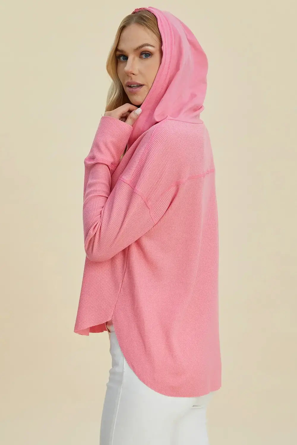 Double Take Full Size High-Low Dropped Shoulder Long Sleeve Hoodie - Trendsi - Flyclothing LLC