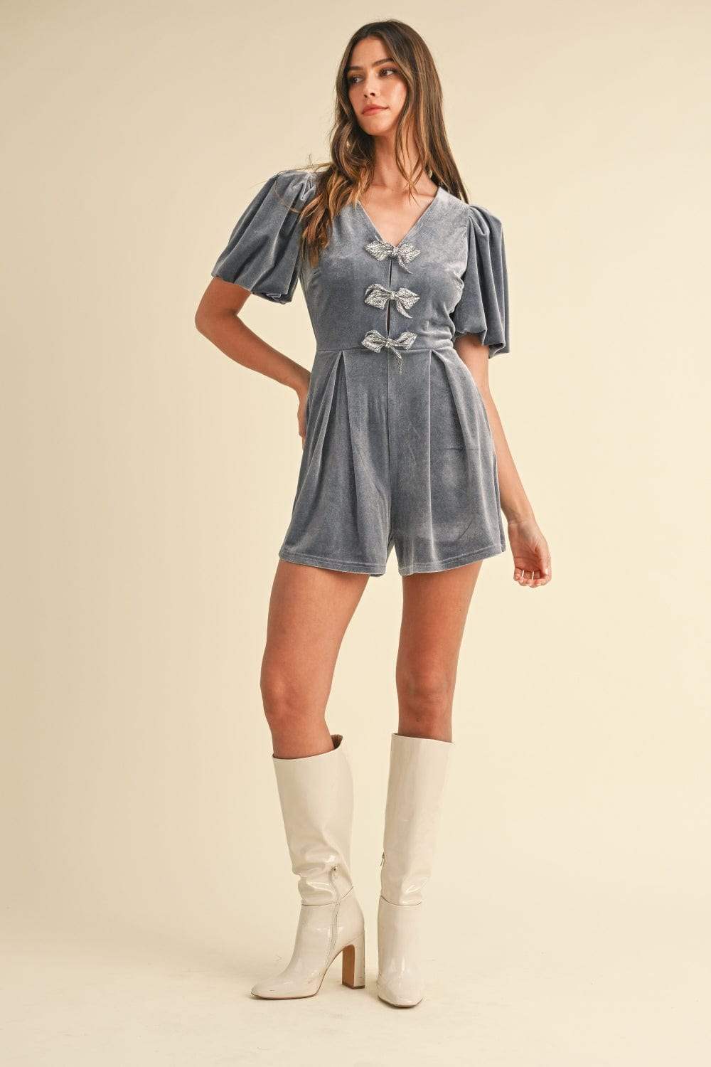 Mable Jewel Bow Decor Puff Sleeve Velvet Romper - Trendsi - Flyclothing LLC