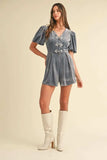 Mable Jewel Bow Decor Puff Sleeve Velvet Romper - Trendsi - Flyclothing LLC