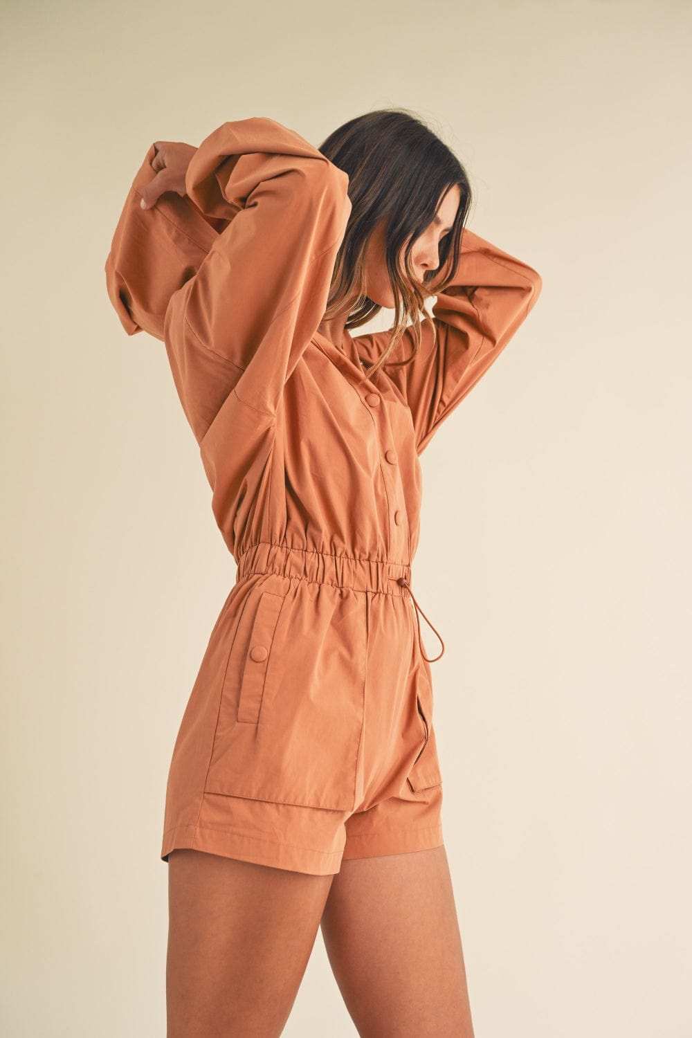 Mable Snap Down Long Sleeve Hooded Romper - Trendsi - Flyclothing LLC