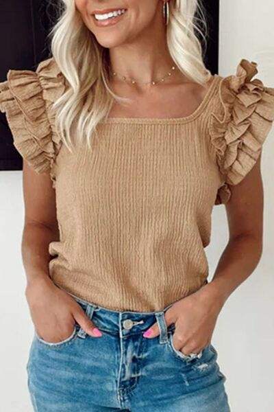 Ruffled Square Neck Textured Cap Sleeve Top - Trendsi - Flyclothing LLC