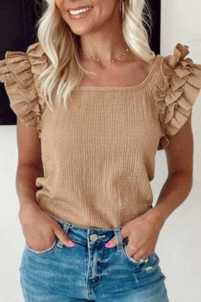 Ruffled Square Neck Textured Cap Sleeve Top - Trendsi - Flyclothing LLC