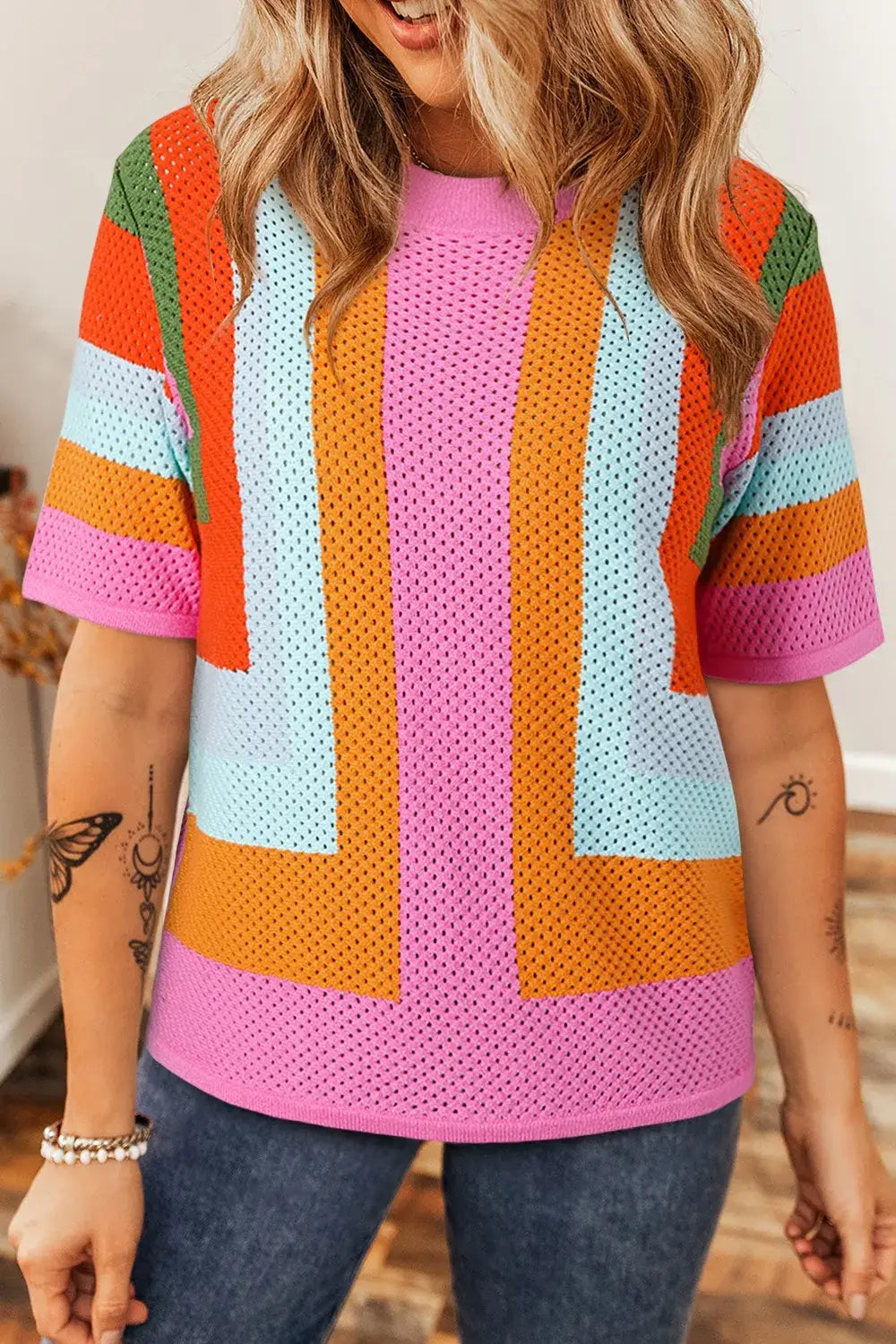 Color Block Eyelet Casual Knit Top - Trendsi - Flyclothing LLC