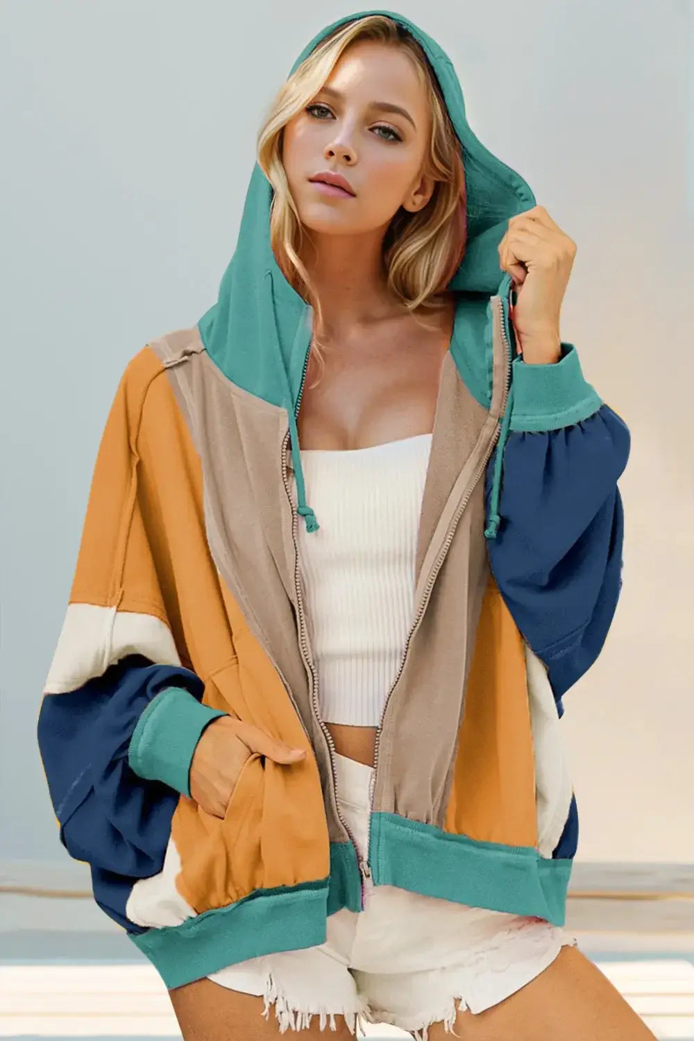Double Take Full Size Color Block Zip Up Hoodie - Trendsi - Flyclothing LLC