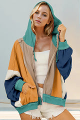 Double Take Full Size Color Block Zip Up Hoodie - Trendsi - Flyclothing LLC
