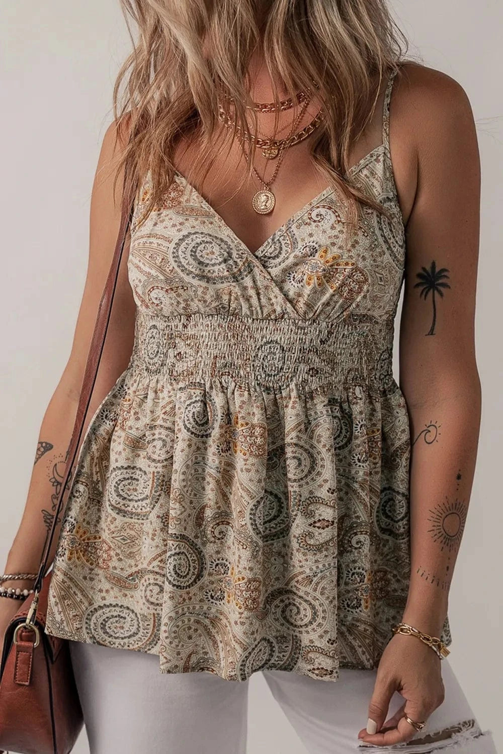 Paisley Printed Smocked Babydoll Cami - Trendsi