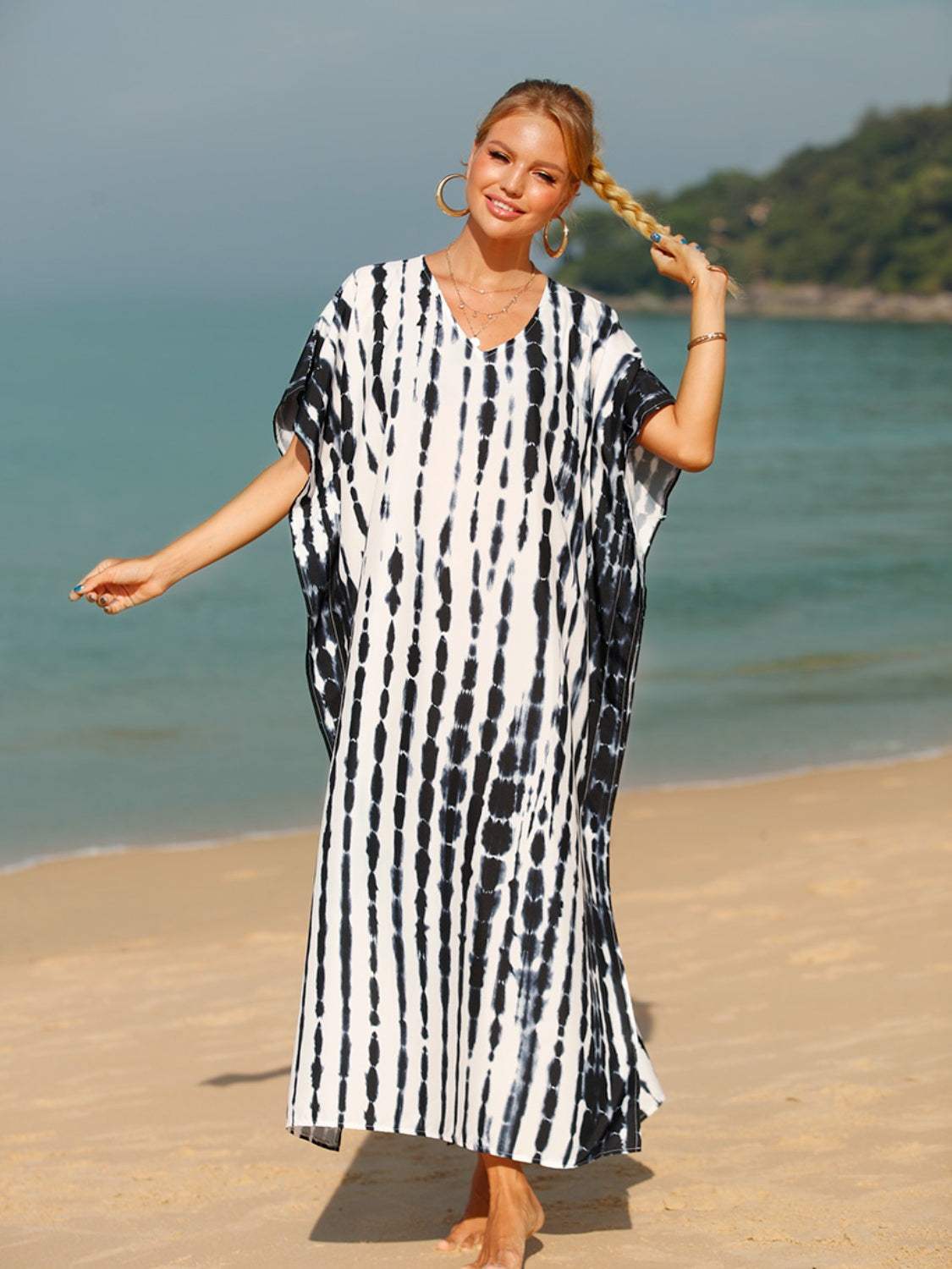 Tie-Dye V-Neck Half Sleeve Cover-Up - Trendsi - Flyclothing LLC