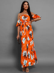 Pleated Floral Off-Shoulder Short Sleeve Midi Dress - Trendsi