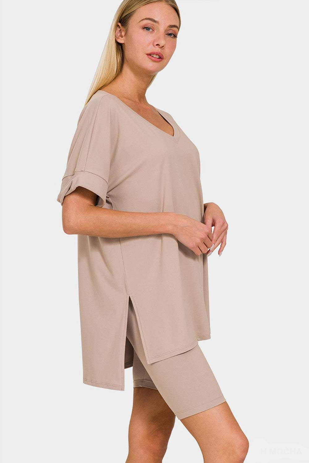 Zenana Full Size V-Neck Short Sleeve Slit T-Shirt and Shorts Set - Trendsi - Flyclothing LLC