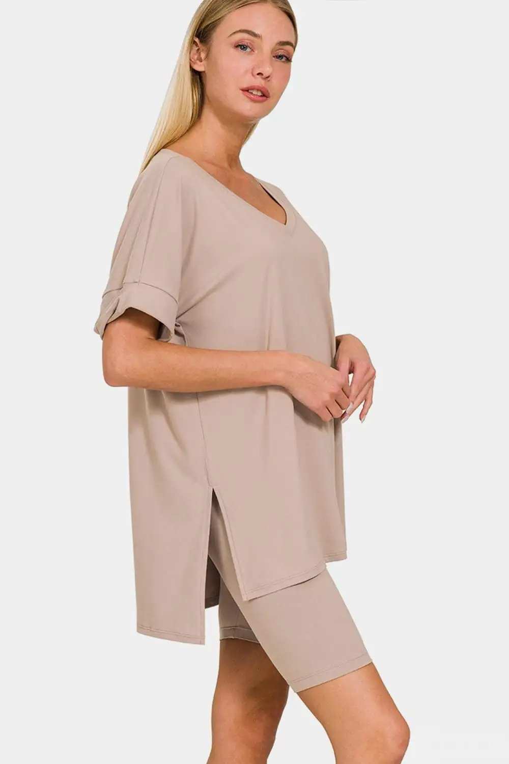 Zenana Full Size V-Neck Short Sleeve Slit T-Shirt and Shorts Set - Trendsi - Flyclothing LLC