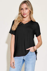 Basic Bae Bamboo Full Size V-Neck High-Low T-Shirt - Trendsi - Flyclothing LLC