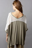 POL Oversize V-Neck Crochet Lace Contrast Studded Top - Trendsi