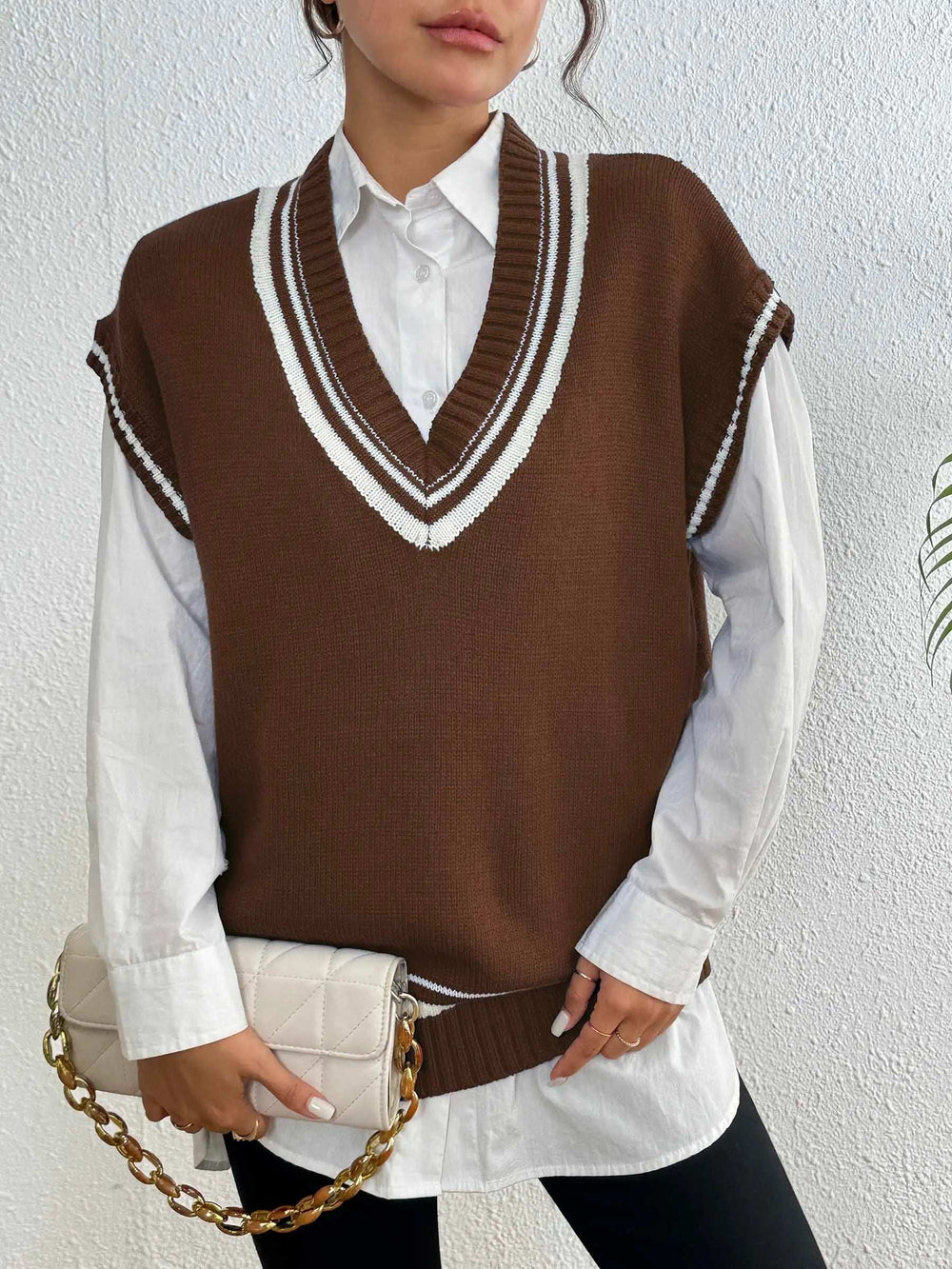 Contrast Trim V-Neck Sweater Vest - Trendsi - Flyclothing LLC