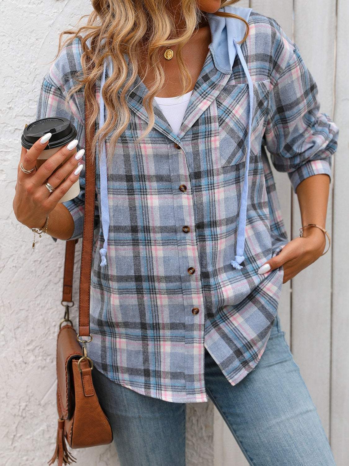 Plaid Long Sleeve Hooded Jacket - Trendsi - Flyclothing LLC