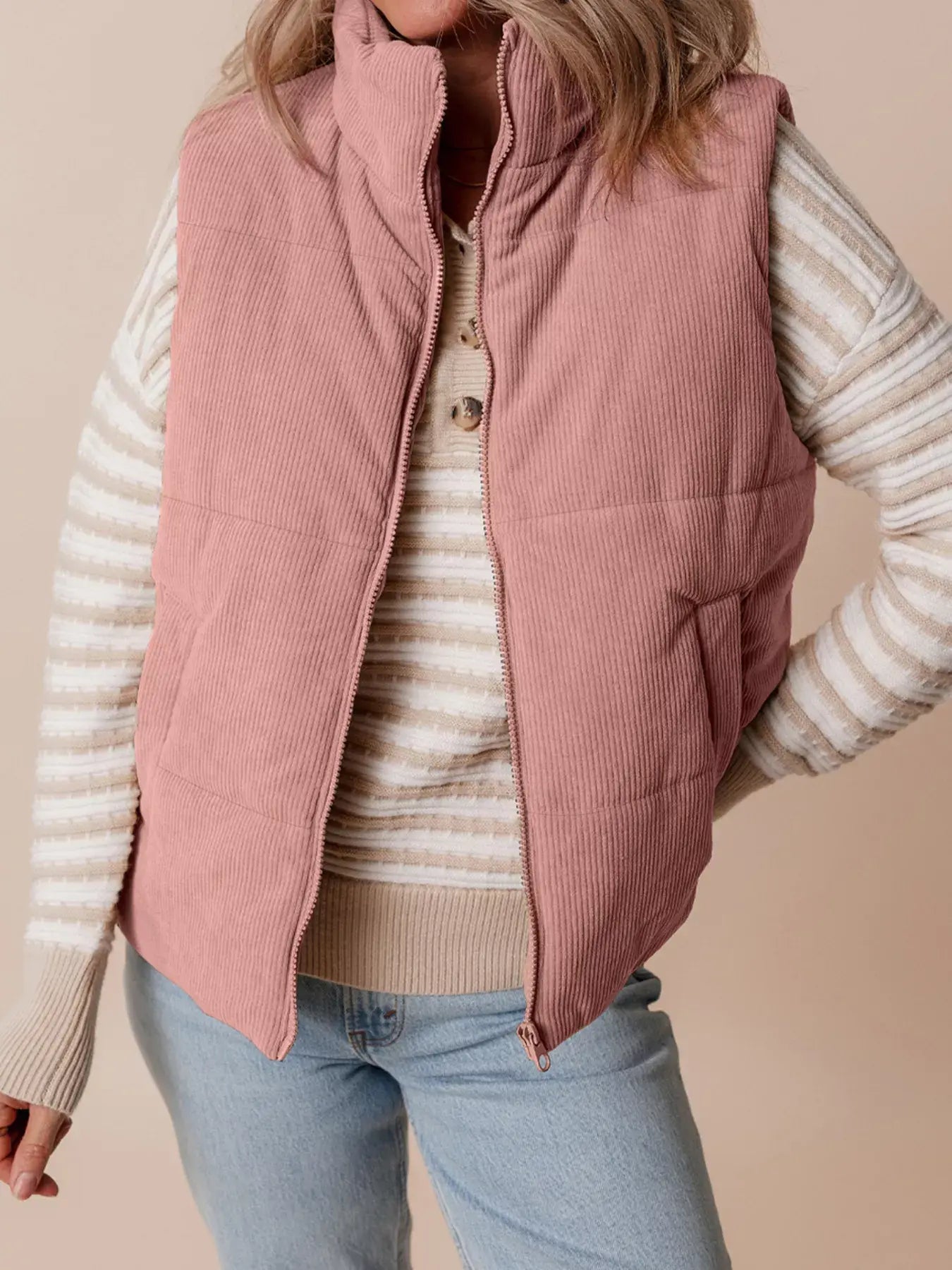 Corduroy Stand Neck Zipped Puffer Vest - Trendsi - Flyclothing LLC