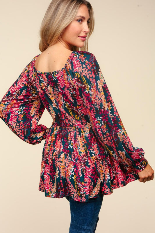 Haptics Full Size Peplum Floral Square Neck Blouse - Trendsi