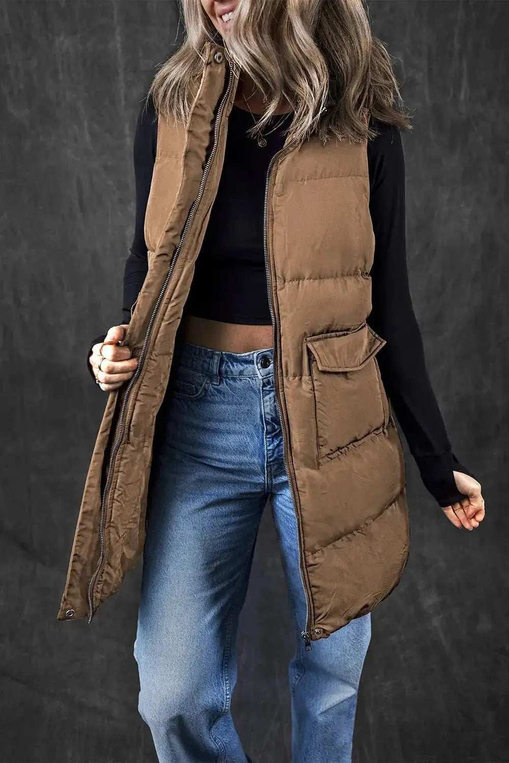 Pocketed Zip Up Vest Coat - Trendsi - Flyclothing LLC