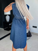 Collared Neck Cap Sleeve Denim Dress - Trendsi - Flyclothing LLC