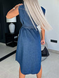 Collared Neck Cap Sleeve Denim Dress - Trendsi - Flyclothing LLC