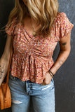 Drawstring Floral V-Neck Short Sleeve Blouse - Trendsi